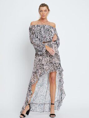 Abstract Print 2 Piece Set Off Shoulder Top and High Low Skirt